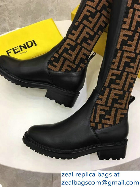 Fendi Stretch Ribbed Fabric and Leather Thigh-High Cuissard Boots Black FF Logo Coffee 2018 - Click Image to Close