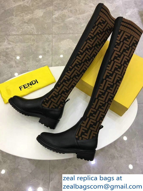 Fendi Stretch Ribbed Fabric and Leather Thigh-High Cuissard Boots Black FF Logo Coffee 2018 - Click Image to Close