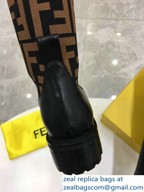 Fendi Stretch Ribbed Fabric and Leather Thigh-High Cuissard Boots Black FF Logo Coffee 2018