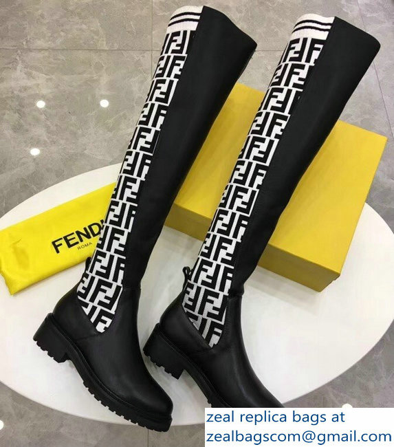 Fendi Stretch Ribbed Fabric and Leather Thigh-High Cuissard Boots Black FF Logo White 2018 - Click Image to Close