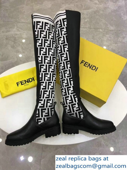 Fendi Stretch Ribbed Fabric and Leather Thigh-High Cuissard Boots Black FF Logo White 2018