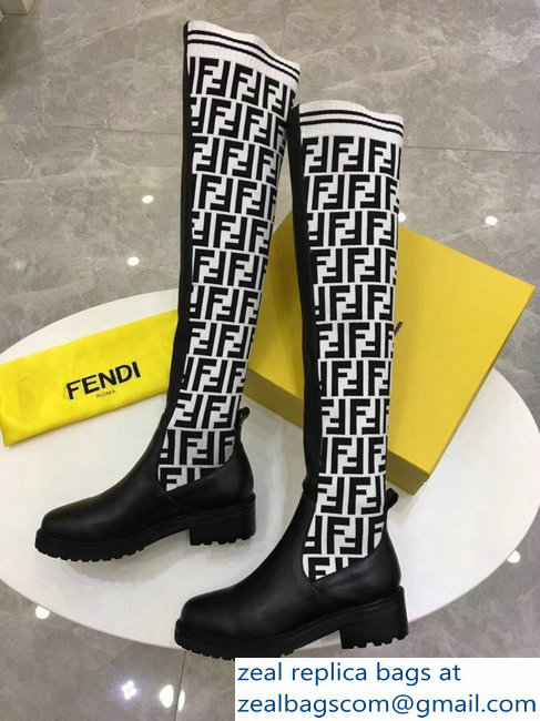 Fendi Stretch Ribbed Fabric and Leather Thigh-High Cuissard Boots Black FF Logo White 2018