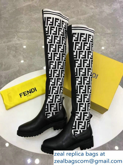 Fendi Stretch Ribbed Fabric and Leather Thigh-High Cuissard Boots Black FF Logo White 2018