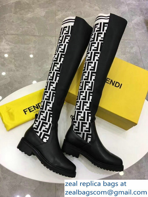 Fendi Stretch Ribbed Fabric and Leather Thigh-High Cuissard Boots Black FF Logo White 2018 - Click Image to Close