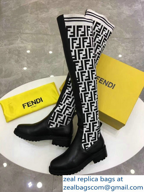 Fendi Stretch Ribbed Fabric and Leather Thigh-High Cuissard Boots Black FF Logo White 2018 - Click Image to Close