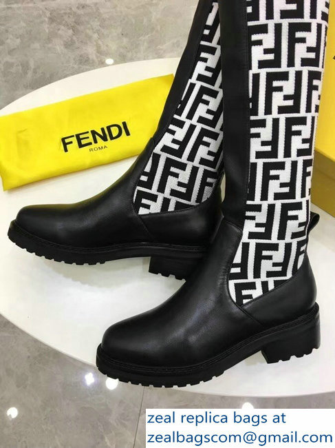 Fendi Stretch Ribbed Fabric and Leather Thigh-High Cuissard Boots Black FF Logo White 2018 - Click Image to Close