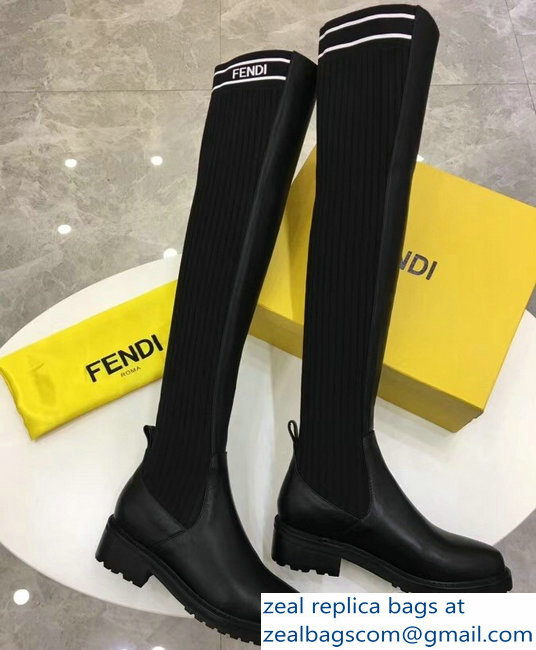 Fendi Stretch Ribbed Fabric and Leather Thigh-High Cuissard Boots Black Logo 2018