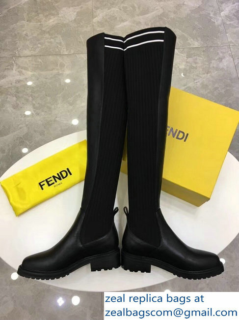 Fendi Stretch Ribbed Fabric and Leather Thigh-High Cuissard Boots Black Logo 2018