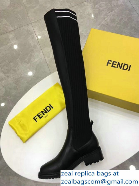 Fendi Stretch Ribbed Fabric and Leather Thigh-High Cuissard Boots Black Logo 2018