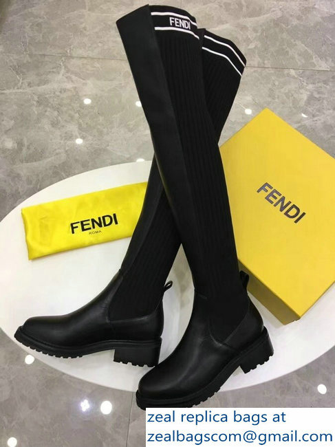 Fendi Stretch Ribbed Fabric and Leather Thigh-High Cuissard Boots Black Logo 2018 - Click Image to Close