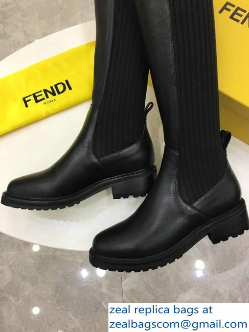 Fendi Stretch Ribbed Fabric and Leather Thigh-High Cuissard Boots Black Logo 2018