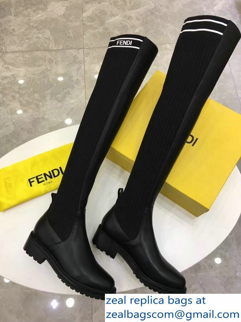Fendi Stretch Ribbed Fabric and Leather Thigh-High Cuissard Boots Black Logo 2018