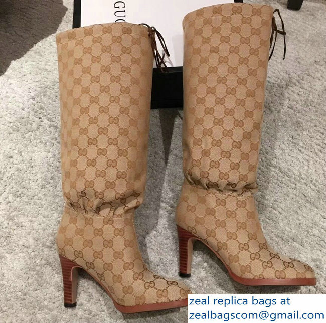 Gucci GG Canvas Mid-Heel Boots Beige 2018 - Click Image to Close