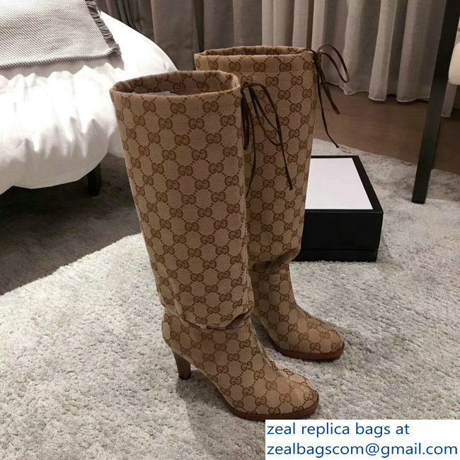 Gucci GG Canvas Mid-Heel Boots Beige 2018 - Click Image to Close