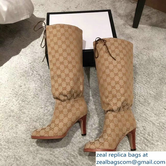 Gucci GG Canvas Mid-Heel Boots Beige 2018