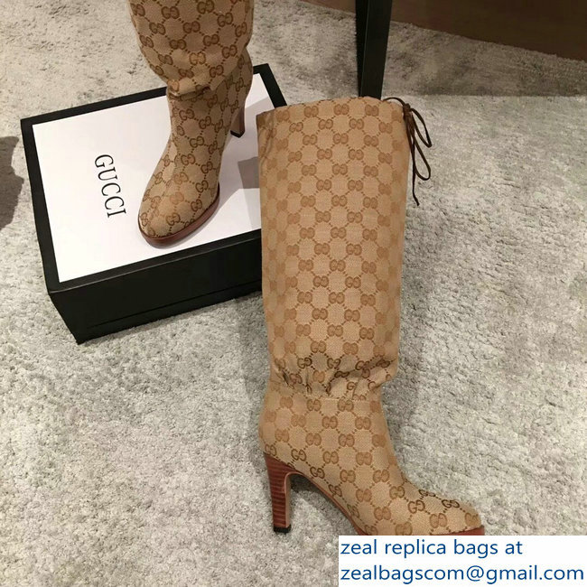 Gucci GG Canvas Mid-Heel Boots Beige 2018