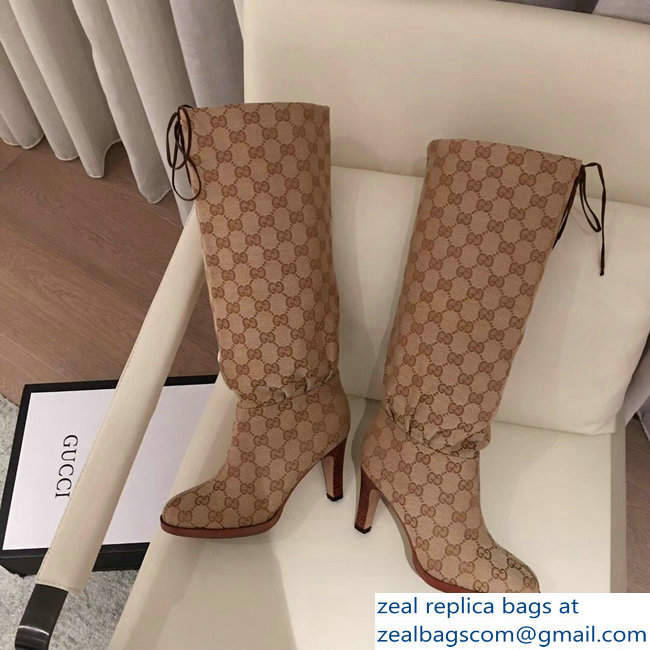 Gucci GG Canvas Mid-Heel Boots Beige 2018