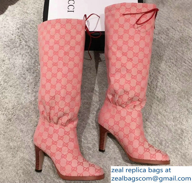 Gucci GG Canvas Mid-Heel Boots Pink 2018