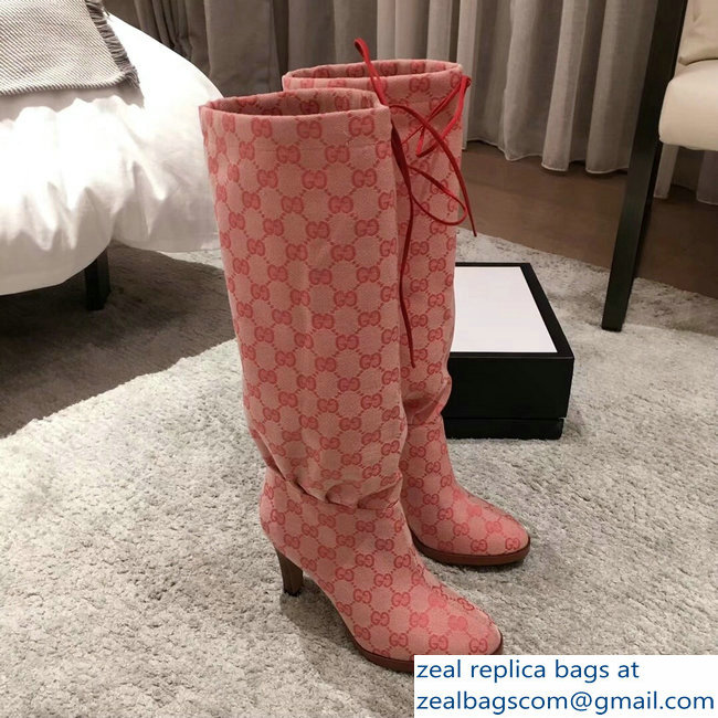 Gucci GG Canvas Mid-Heel Boots Pink 2018