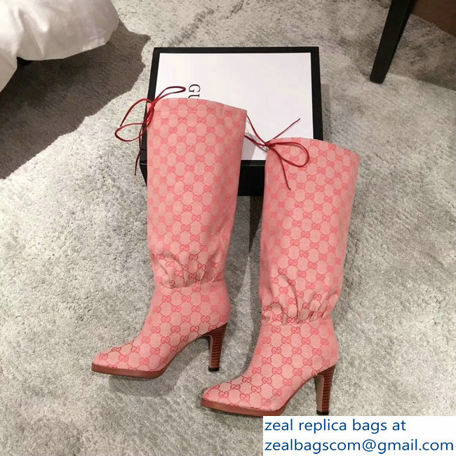 Gucci GG Canvas Mid-Heel Boots Pink 2018