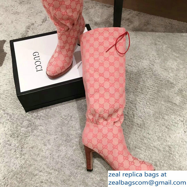 Gucci GG Canvas Mid-Heel Boots Pink 2018