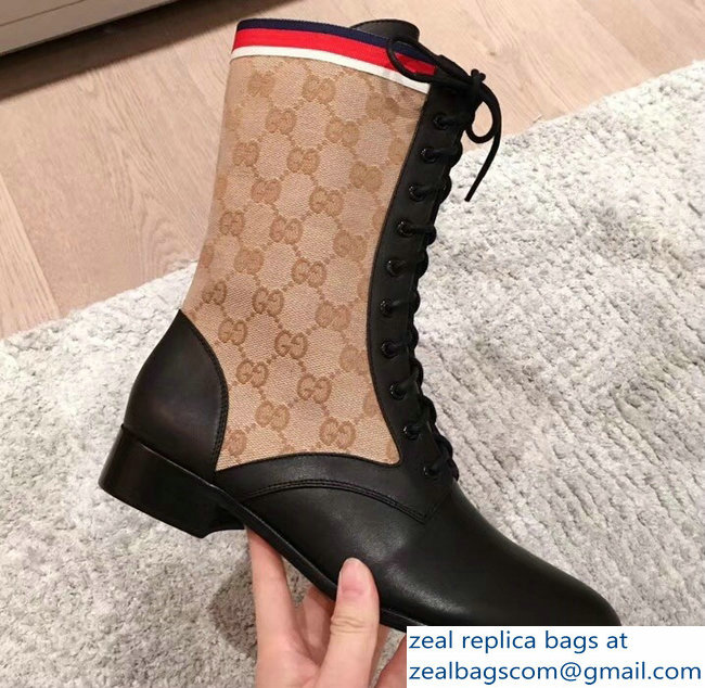 Gucci GG and Leather Lace-Up Boots Black 2018 - Click Image to Close