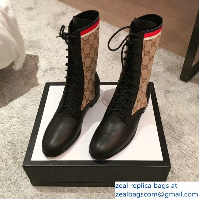 Gucci GG and Leather Lace-Up Boots Black 2018 - Click Image to Close