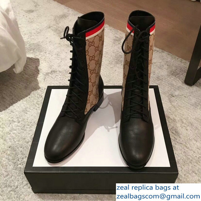 Gucci GG and Leather Lace-Up Boots Black 2018 - Click Image to Close