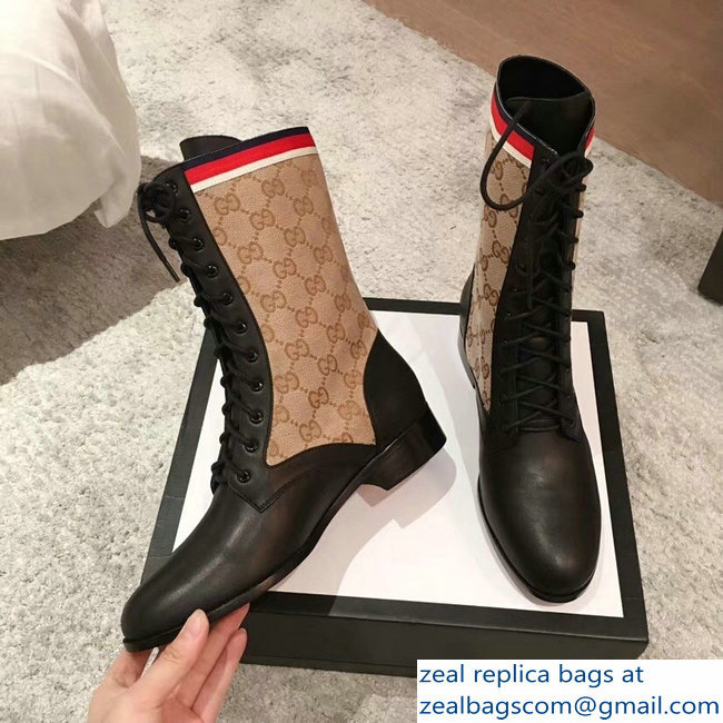 Gucci GG and Leather Lace-Up Boots Black 2018