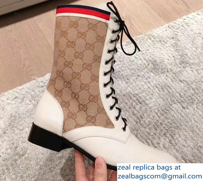 Gucci GG and Leather Lace-Up Boots White 2018