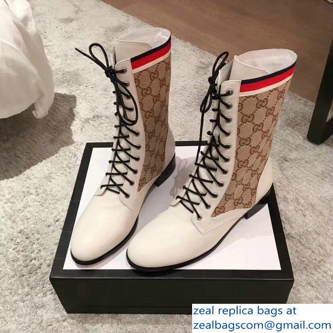 Gucci GG and Leather Lace-Up Boots White 2018