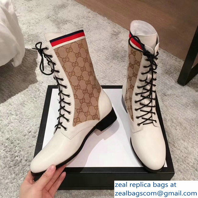 Gucci GG and Leather Lace-Up Boots White 2018