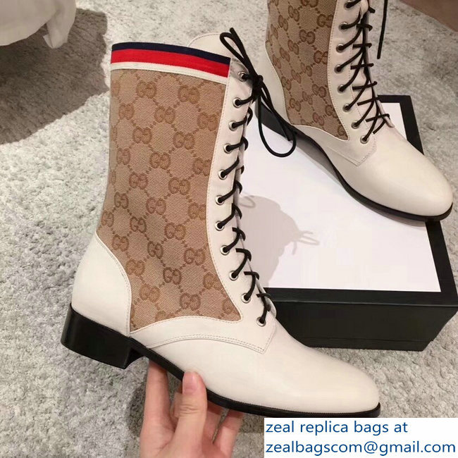 Gucci GG and Leather Lace-Up Boots White 2018