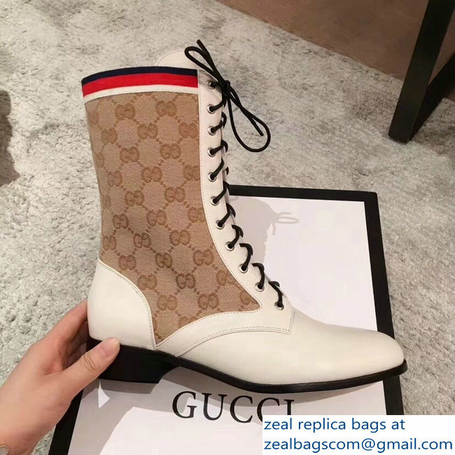 Gucci GG and Leather Lace-Up Boots White 2018 - Click Image to Close