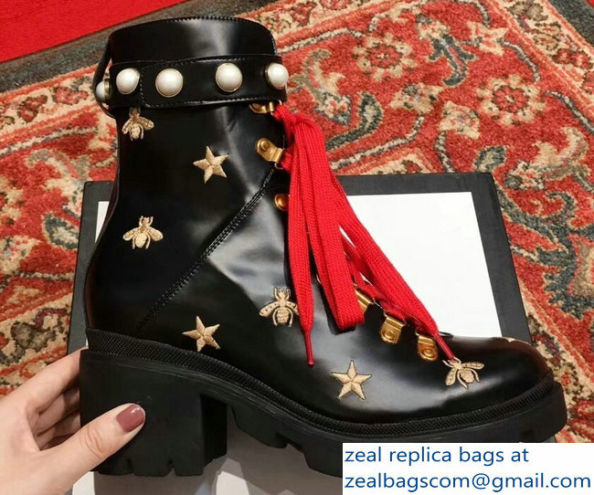 Gucci Gold Thread Embroidered Bees And Stars Leather Ankle Boots Black With Pearl Strap 498695 2018 - Click Image to Close