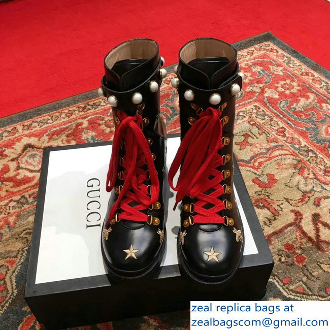 Gucci Gold Thread Embroidered Bees And Stars Leather Ankle Boots Black With Pearl Strap 498695 2018 - Click Image to Close