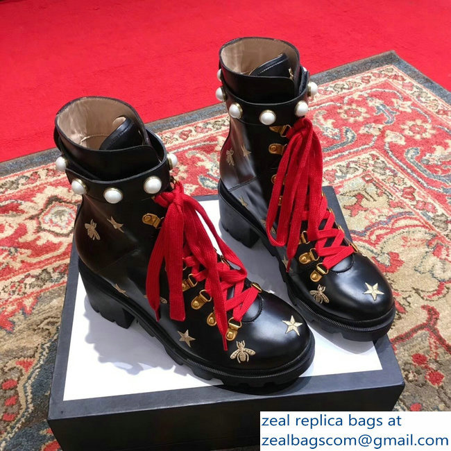 Gucci Gold Thread Embroidered Bees And Stars Leather Ankle Boots Black With Pearl Strap 498695 2018