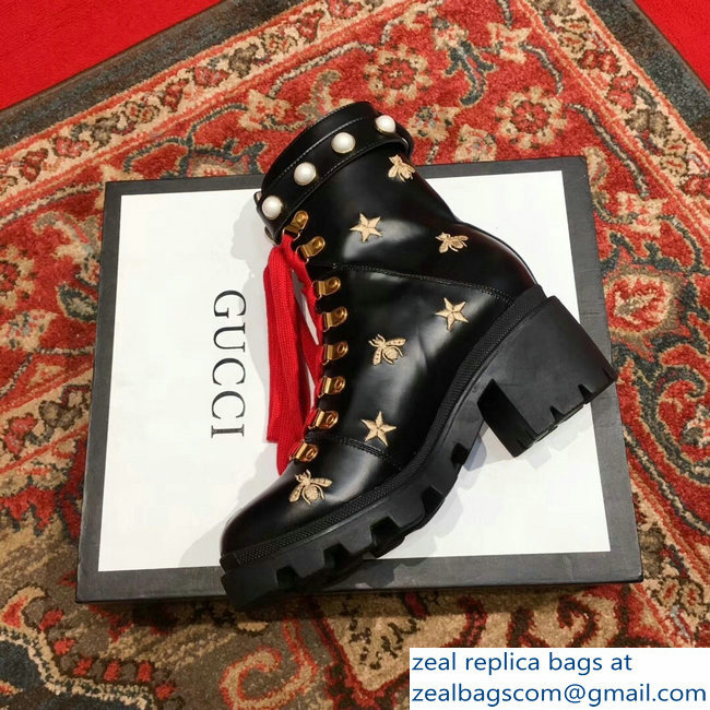 Gucci Gold Thread Embroidered Bees And Stars Leather Ankle Boots Black With Pearl Strap 498695 2018