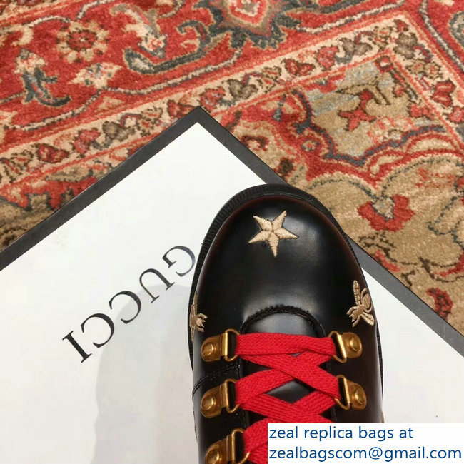 Gucci Gold Thread Embroidered Bees And Stars Leather Ankle Boots Black With Pearl Strap 498695 2018 - Click Image to Close