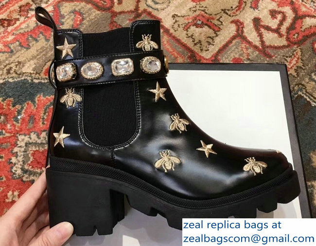 Gucci Gold Thread Embroidered Bees And Stars Leather Ankle Boots With Belt 2018 - Click Image to Close