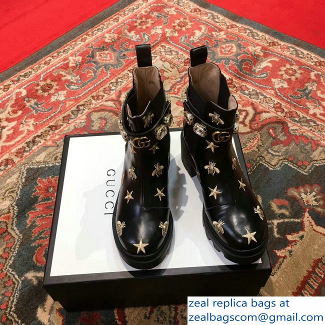 Gucci Gold Thread Embroidered Bees And Stars Leather Ankle Boots With Belt 2018 - Click Image to Close