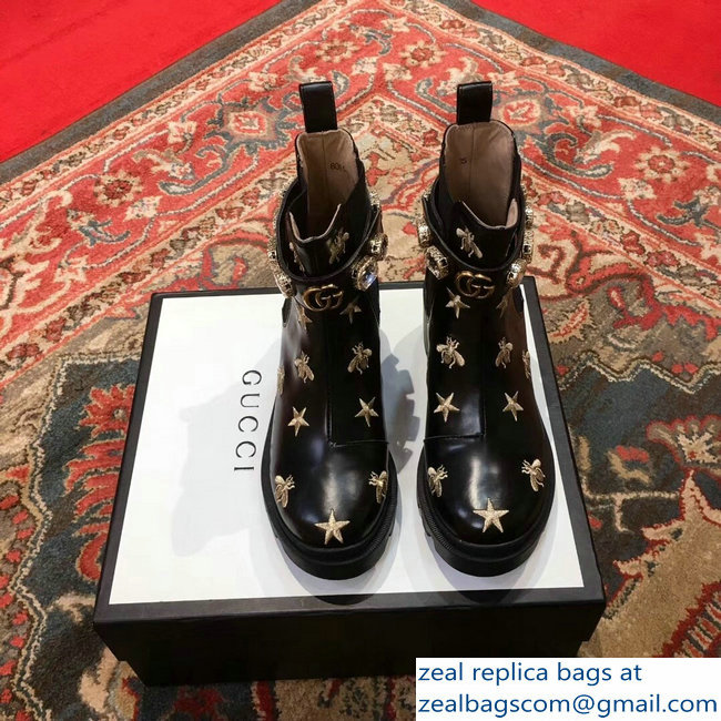 Gucci Gold Thread Embroidered Bees And Stars Leather Ankle Boots With Belt 2018 - Click Image to Close