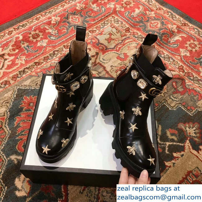 Gucci Gold Thread Embroidered Bees And Stars Leather Ankle Boots With Belt 2018