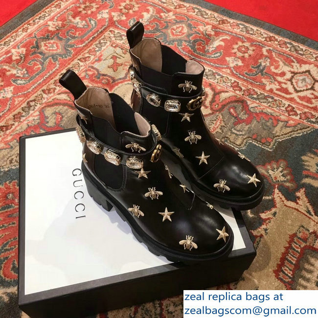 Gucci Gold Thread Embroidered Bees And Stars Leather Ankle Boots With Belt 2018 - Click Image to Close