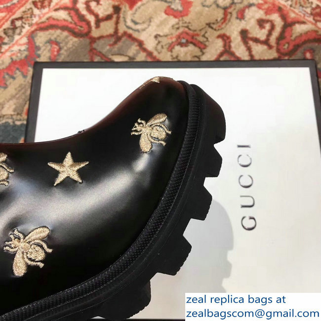 Gucci Gold Thread Embroidered Bees And Stars Leather Ankle Boots With Belt 2018