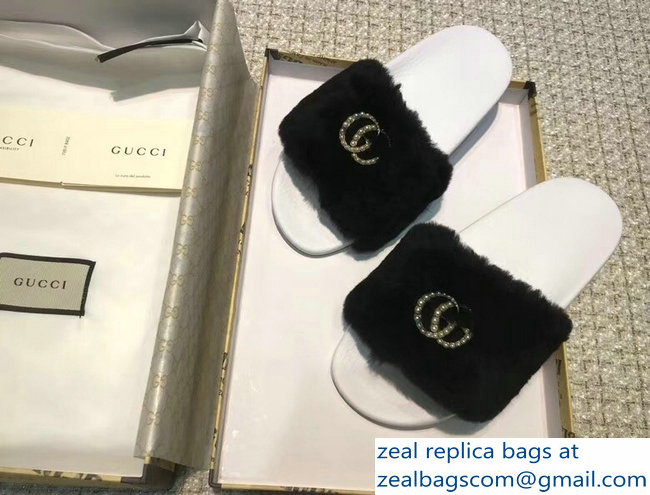 Gucci Heel 1.5cm Shearling Fur Crystal Double G Slide Sandals Black 2018 - Click Image to Close