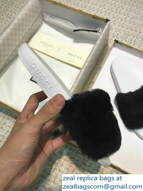 Gucci Heel 1.5cm Shearling Fur Crystal Double G Slide Sandals Black 2018 - Click Image to Close