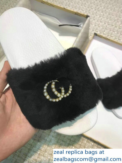 Gucci Heel 1.5cm Shearling Fur Crystal Double G Slide Sandals Black 2018