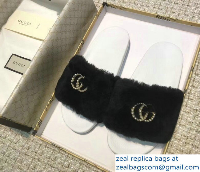 Gucci Heel 1.5cm Shearling Fur Crystal Double G Slide Sandals Black 2018 - Click Image to Close