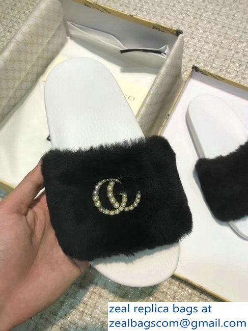 Gucci Heel 1.5cm Shearling Fur Crystal Double G Slide Sandals Black 2018